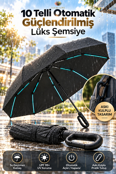Lucky Love 10 Telli Güçlendirilmiş Lüks Otomatik Şemsiye Rüzgara Dayanıklı Su...