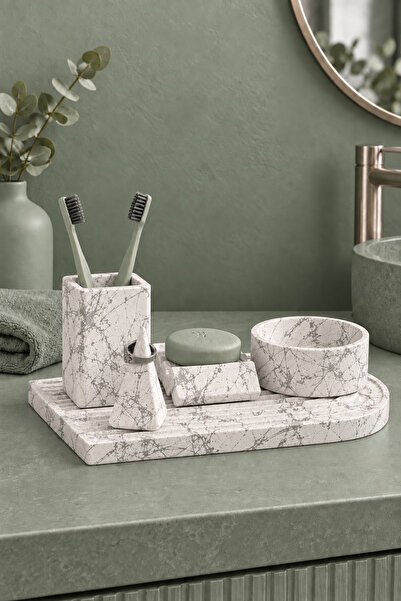 betonmall 5 Piece Concrete Bathroom Set with Organizer Solid Soap Dish Ring H...