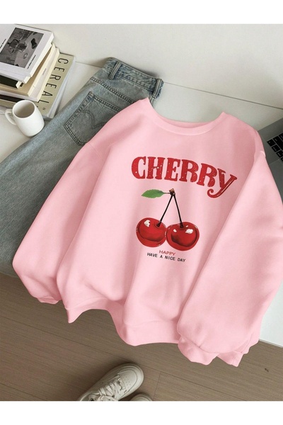 Vordevia Cherry Printed Cotton 3 Thread Threaded Crew Neck Oversize Sweatshirt
