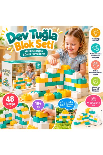 Cici Oyuncak 48 Parça Büyük Boy Eğitici Tuğla Blok Seti 18 Ay+ Renkli Çocuk Y...
