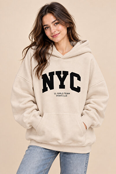 FAVORİST Women's Nyc Printed 3-String Hooded Sweatshirt 100% Cotton