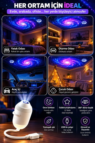 Deseja USB Galaksi Projektör LED Gece Lambası 360° Ayarlanabilir 12 Filmli 2’si 1 Arada Ambiyans Işık