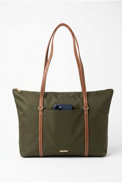 Baguar Women's Khaki Color Buzzy Fabric Shoulder Bag with Zipper, Large Internal Volume, Daily Use Bag - Front Pocket Detail
