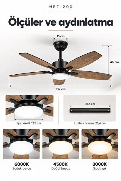 EFOTECH LED Işıklı Tavan Vantilatörü 107 cm – Uzaktan Kumandalı, Sessiz DC Motor, 6 Hız, 3 Işık Rengi, Zamanlayıcılı
