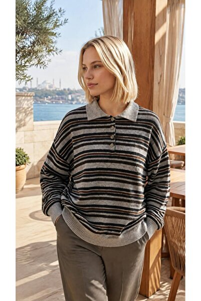 RECEP AYDIN Women's Polo Neck Striped Basic Knit Sweater