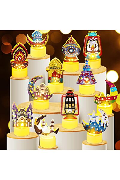 Generic مجموعة من 12 فانوس رمضان مضيء للزينة، مصباح LED على شكل شمعة، مصباح ع...
