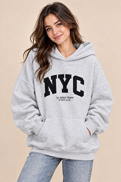 FAVORİST Women's Nyc Printed 3-String Hooded Sweatshirt 100% Cotton