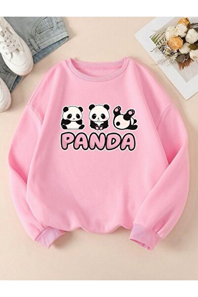 Vordevia Cute Panda Printed Cotton 3-Yarn Hooded Crew Neck Oversize Sweatshirt