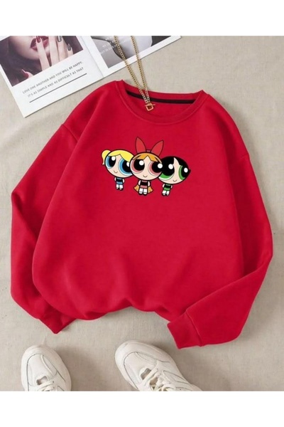 Vordevia Powerpuff Girls Printed Cotton 3-Yarn Raster Crew Neck Oversize Swea...