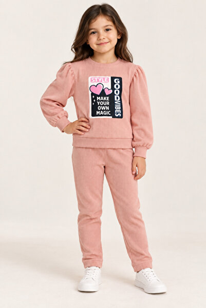 ESİLA KİDS Girl's Good Vibes Heart Printed Waffle Fabric Balloon Sleeve Top a...
