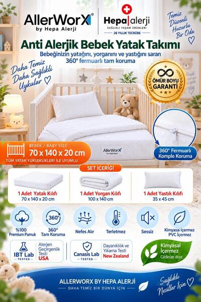 Anti Alerjik Anti Akar Bebek Tam Koruma Seti 70x140x20 cm Yatak Yorgan Yastık Kılıflı %100 Pamuk Ömür Boyu Garantili
