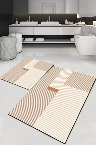 patron halı A_268 Dijital Baskı Kaymaz Taban Yıkanabilir 2'li Banyo Paspas Ta...