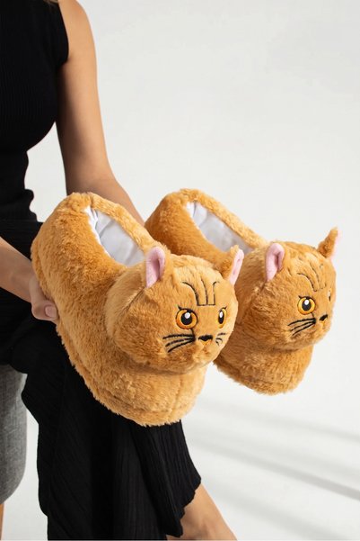 Moda Devrin Taba Hayvanlı Sessiz Taban Panduf Sevimli Kedi Figürlü Peluş Ev Ayakkabısı