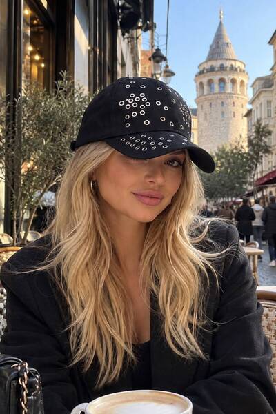 MARBERRY Black Eyelet Stone Cap Women's Hat