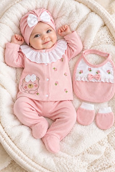 BYS BABY FASHION 5 Piece 100% Cotton Floral Embroidered Scalloped Newborn Baby Girl Hospital Discharge Bodysuit Set Gift