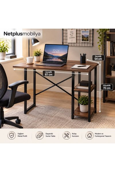 NETPLUSMOBİLYA 2 RAFLI METAL DERS CALIŞMA MASASI LAPTOP MASASI OFİS MASASI 54X87 CM DESTEK DEMİRLİ