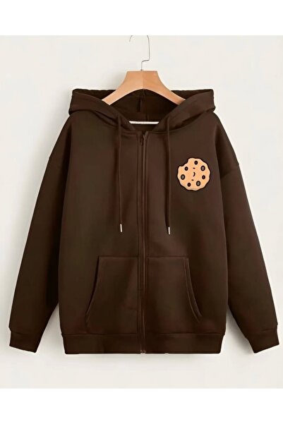 Vordevia Cookie Printed 3 Thread Zippered Cardigan Oversized with Ribbon