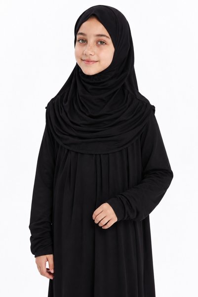 TRMODA Kız Çocuk Namaz Elbisesi Tek Parça Kendinden Başörtülü Organik Viskon