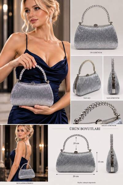 womenacs Platin Renk Dalgalı Materyal Tasarım Abiye Clutch Zincir Askılı El D...