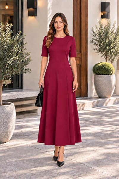Maison La Femme Women's Burgundy Long Dress Half Sleeve Crew Neck