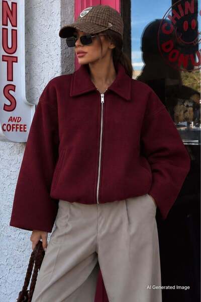 Madmext Burgundy Cashmere Bomber Women's Jacket Mg2902