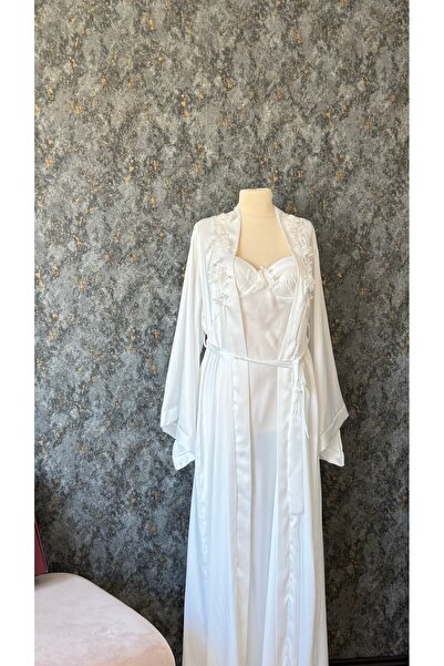 Loviana belle Special Design Elegant Rose Detailed 2-Piece Full Satin Long Dressing Gown Nightgown Set (Boxed)