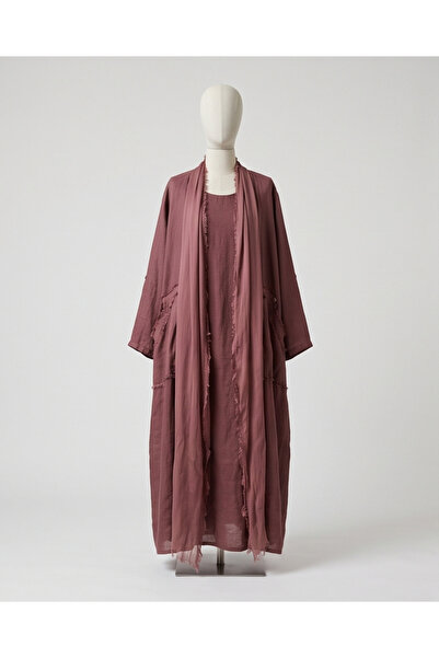 Lino Women's Natural Linen Sleeveless Dress & Silk Blend Tassel Detailed Long Kimono Jacket Set