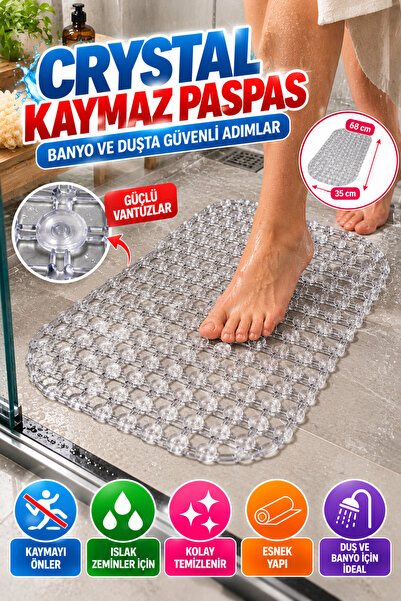 OpenCity Crystal Kaymaz Vantuzlu Banyo Paspası Şeffaf 68x35 cm Islak Zemin Ka...