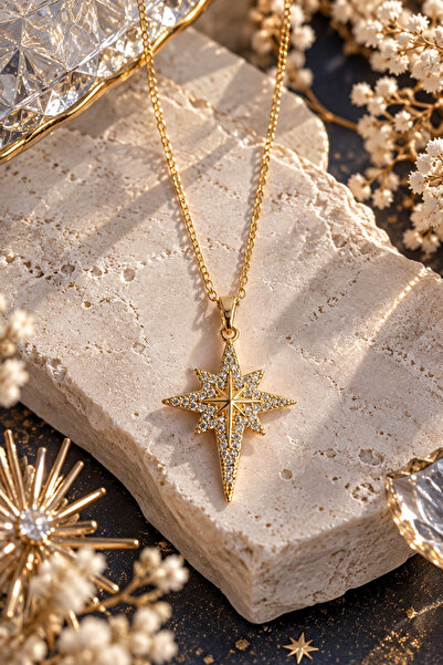 Sylvera Shop Polar Star Stone Steel Necklace (Gold Color)