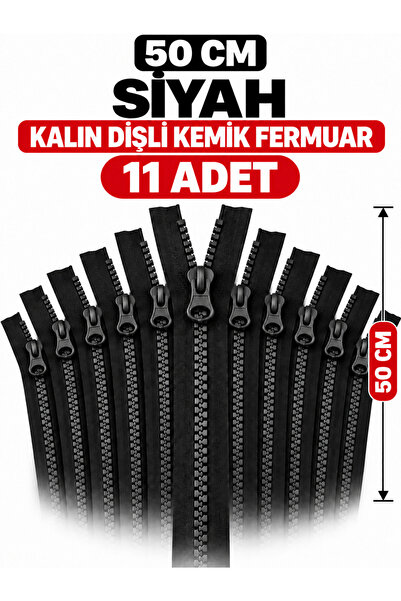 50 cm Siyah Kalın Kemik Dişli Fermuar Çanta ve Mont Fermuarı 11 Adet
