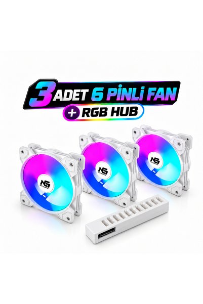 Next Gaming Orion 3 Adet Forward (Düz) RGB 6 Pin 120mm Beyaz Fan + RGB Hub Set