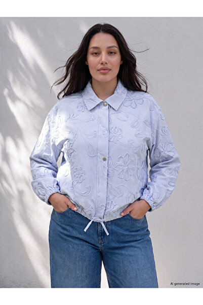LC Waikiki Nevavm Lcw Curve Blue Embroidered Loose & Baggy Women's Jacket wit...
