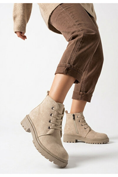 Zerenyus ZRNE-B05 Μπότες Γυναικείες Μπεζ Nubuck με Κορδόνια και Φερμουάρ Υψηλ...