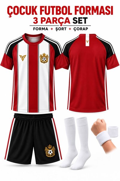 sonvadi Kırmızı Beyaz Özel Tasarım Çocuk Futbol Forması Seti 4 Parça (Çorap+B...