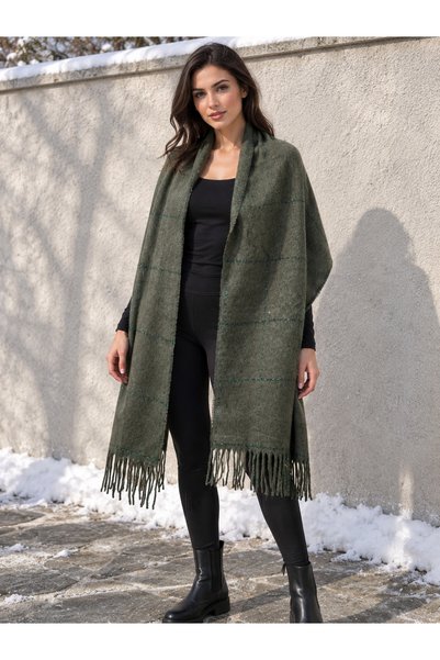 Luminos Butik Khaki Glittery Line Detailed Soft Textured Tasseled Winter Shaw...