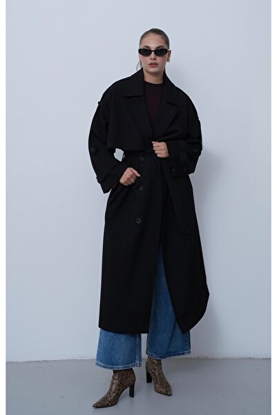 ZS Zey Studio Kadın Siyah Kuşak Detaylı Uzun Treçnkot