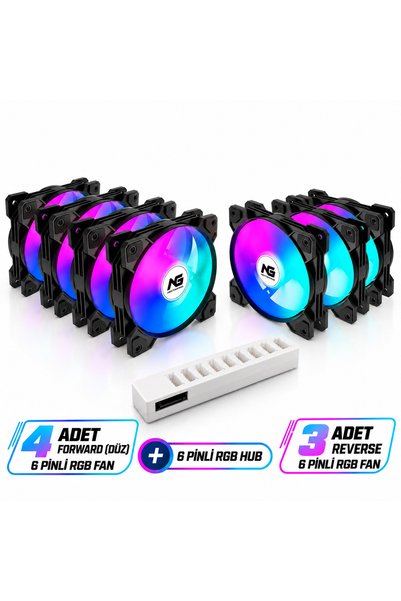 Next Gaming Orion 7 Adet RGB 6 Pin 120mm Siyah Fan Set (4 Düz + 3 Reverse) + RGB Hub