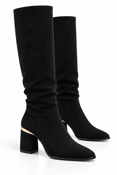 Lizy Shoes Women's Black Suede Below-Knee Boots, 7 cm Thick Heeled, Drawstrin...