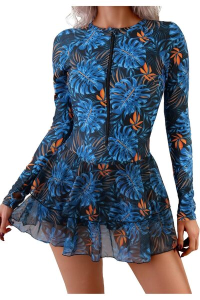 Generic Women Long Sleeve One Piece Skirted Swimsuit Zip Up Rash Guard Printe...