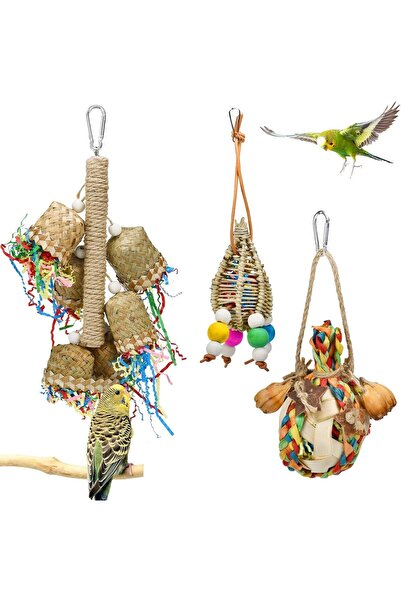 Generic 3 قطع ألعاب مضغ للببغاء من قشور الذرة والخيزران، ألعاب يدوية الصنع من...