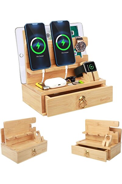 Generic Multifunctional Bamboo Stands, Dual Cell Phone Holder, Tablet Storage...