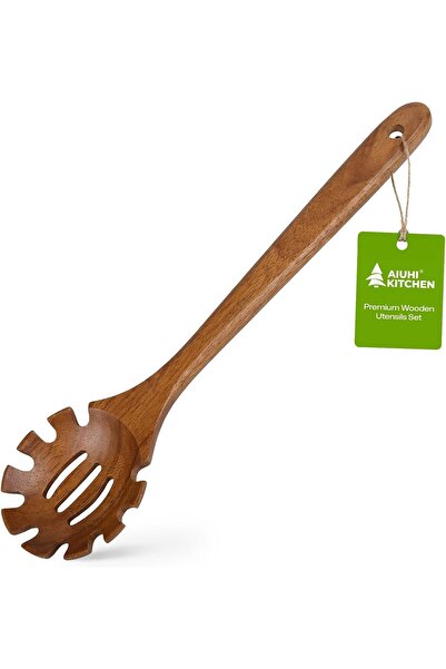 Generic Wooden Pasta Spoon with Teeth, Teak Wood Spaghetti Server with Hangin...