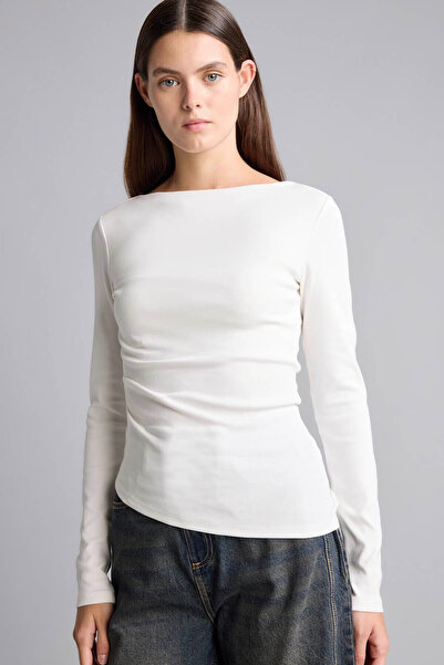 DeFacto Kayık Yaka Ribana Ecru Women's Long Sleeve T-Shirt G1581Ax/Er105