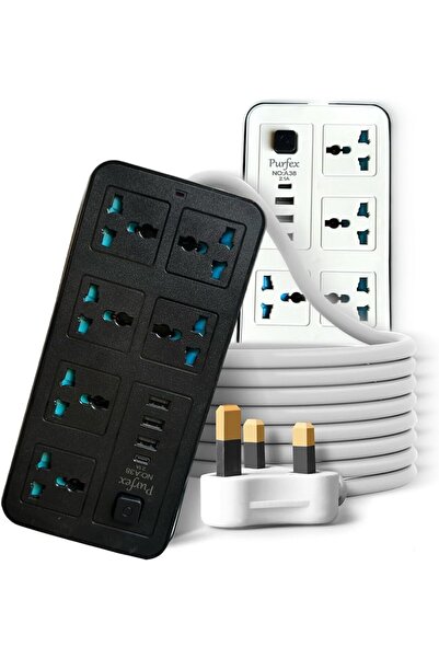 Generic كابل تمديد عالمي مع قابس بريطاني، 6 منافذ طاقة، 3 منافذ USB ومنفذ Typ...
