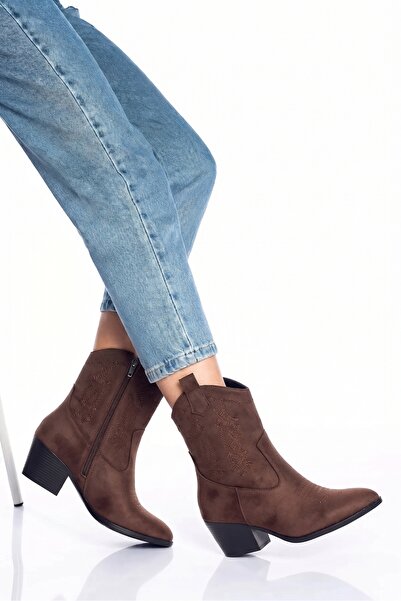 Bak Store Acı Kahve Süet Kovboy Kadın Bot Nakışlı Fermuarlı Western