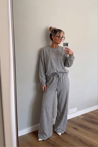 Noi Belis Crew Neck Long Sleeve Top and Wide Leg Pants Knitted Two-Piece Set ...