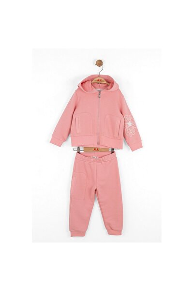nk kids Girl's Pink Hooded and Sleeve-Detailed Pocketed Tracksuit Set