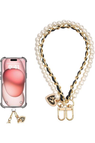 Generic Beaded Pearls Phone Wrist Strap, Key Ring Charm, Golden Key Chain Bac...