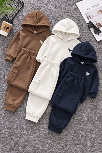 Pamuk Saray Unisex Kids 2 Piece Hooded Cargo Tracksuit Set 3 Thread Threaded