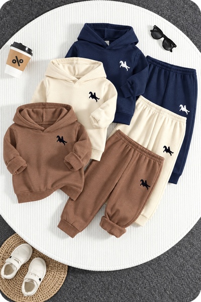 Pamuk Saray Unisex Kids 6-Piece Hooded Tracksuit Set with Cargo and Printed 3-Yarn Threaded Detailing